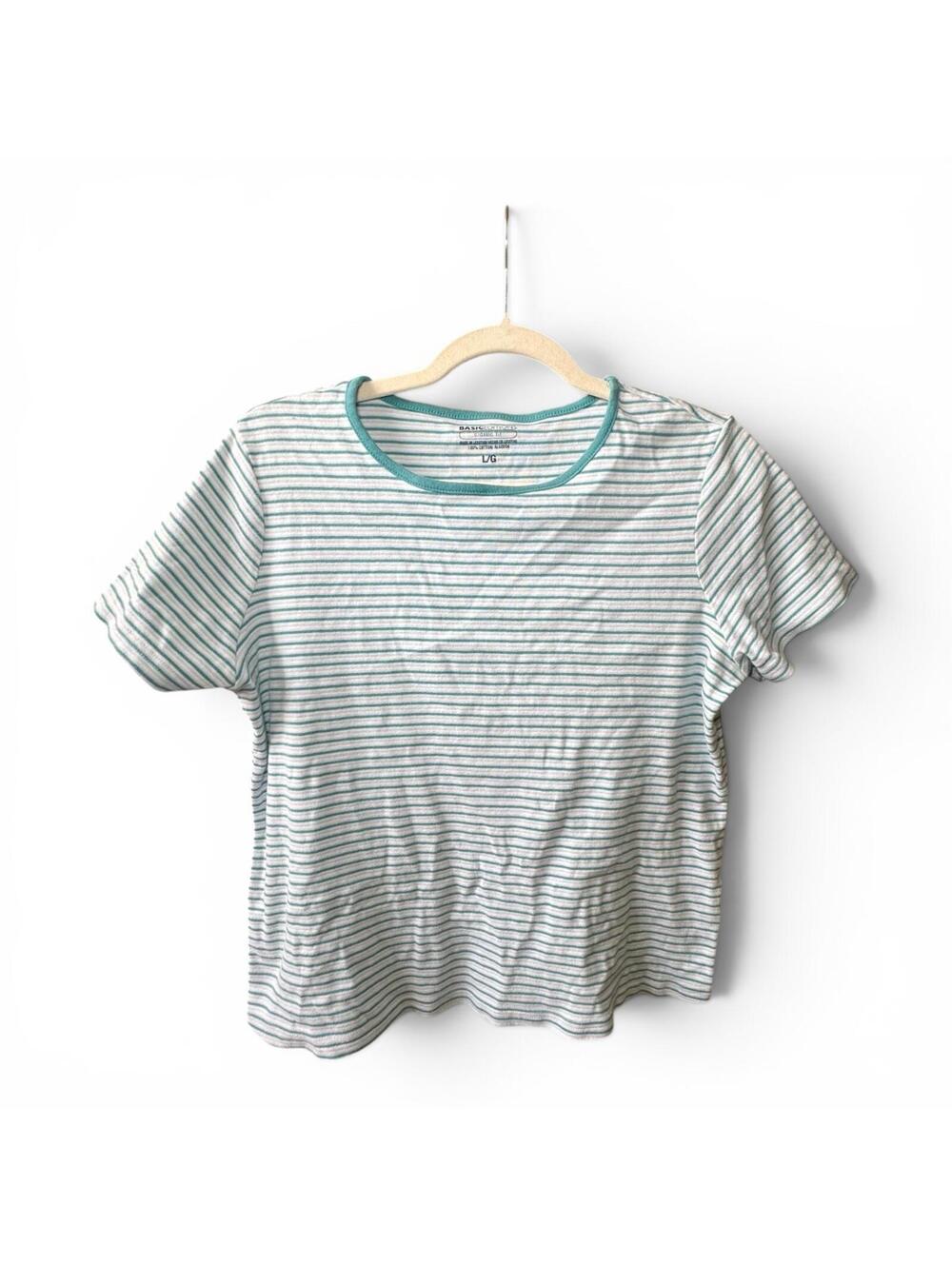 Basic Editions Classic Fit Women's Large Blue Teal Pinstripe Ringer Cotton EUC